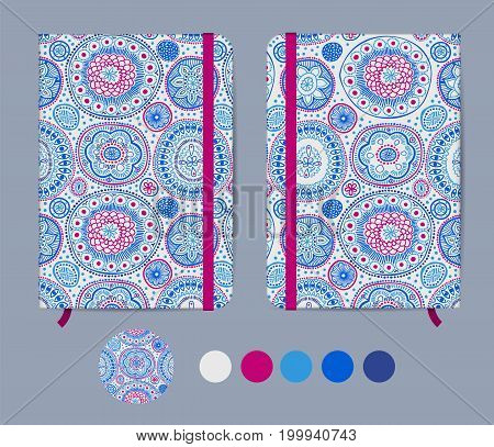 Blue copybook template with elastic band and bookmark with abstract pattern. Australian aboriginal geometric art concentric circles seamless pattern in blue and purple. Mockup. Vector illustration.