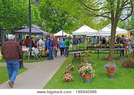 HAMILTON NEW YORK - MAY 27 2017: Vendors and shoppers at the local Saturday farmers market in the village of Hamilton near Colgate University in upstate New York.