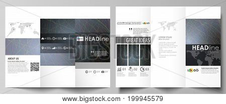 Tri-fold brochure business templates on both sides. Easy editable abstract vector layout in flat design. Colorful dark background with abstract lines. Bright color chaotic, random, messy curves. Colourful vector decoration.