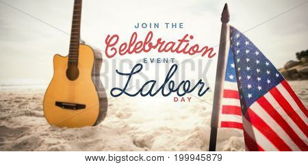 Digital composite image of join celebratio event labor day text against acoustic guitar in sand