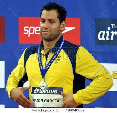 Hong Kong China - Oct 30 2016. PINZON GARCIA Omar (COL) at the Victory Ceremony of the Men's Backstroke 200m. FINA Swimming World Cup.