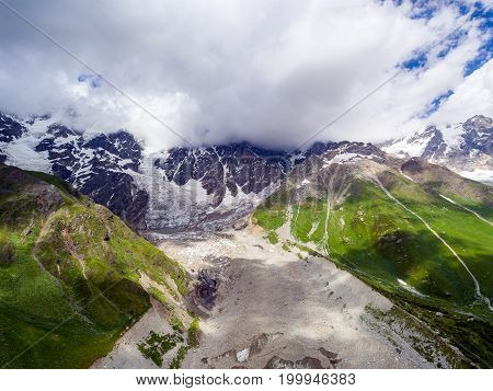 Aerial view of Shkhara Glacier. Upper Svaneti, Georgia. Caucasus mountains.