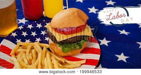 Digital composite image of happy labor day text with blue outline against french fries with and burger in plate with fourth of july theme