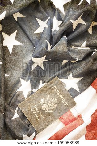 USA passport on The US flag background, grunge style