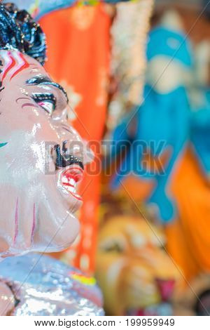 KOLKATA WEST BENGAL INDIA - 25 SEPTEMBER 2016: Clay idol of Asura the demon under preparation for 
