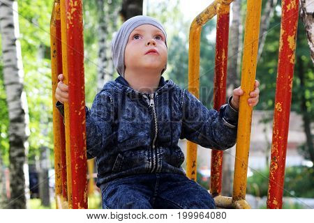 Portrait Of Little Boy On Nature Background Among Birches