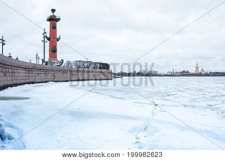 View on Vasilyevsky island and the Paul and Peter fortress in the winter Saint Petersburg Russia