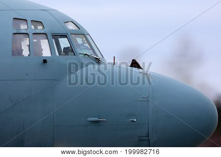 Kubinka, Moscow Region, Russia - February 19, 2014: Ilyushin Il-20M RF-93610 reconnaissance airplane taxiing at Kubinka air force base.