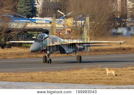 Zhukovsky, Moscow Region, Russia - March 13, 2014: Sukhoi Su-35BM 901 BLACK performing test flight in Zhukovsky.