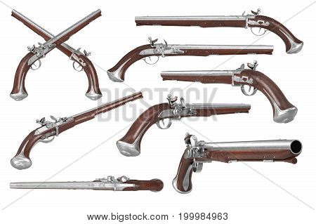 Pistol gun weapon brown wooden old flintlock set. 3D rendering