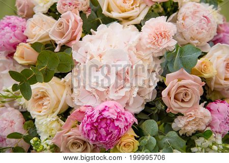 Wedding red color flowers bouqete close up veiw