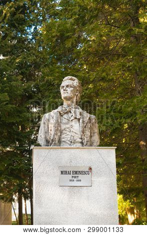 Sinaia, Romania - March 09, 2019:  Mihai Eminescu Statue, The Greatest Romanian Poet.