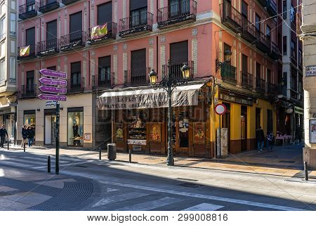 February2019: Old Street Center Towh In Zaragoza, Spain.