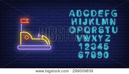 Go Kart In Amusement Park Neon Sign. Open Car With Flag On Dark Wall. Night Bright Advertisement. Ve