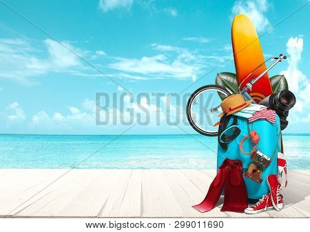 Collage Of Luggage For Travel In Front Of Ocean Or Sea View. Needed Things. Hat, Camera, Flippers, B