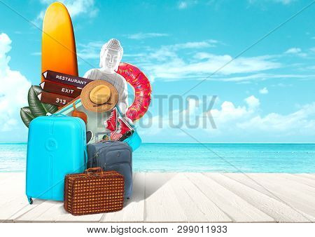 Collage Of Luggage For Travel In Front Of Ocean View. Concept Of Summertime, Resort, Journey, Trip, 
