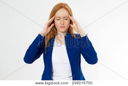 Cute, Young Beautiful Red Hair Woman Do Facepalm. Redhead Suffer Girl Headache Failed To Upset Busin