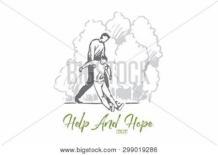 Help, Fall, Consciousness, Lose, Catch Concept. Hand Drawn Man Catches Falling Person, Who Lose Cons