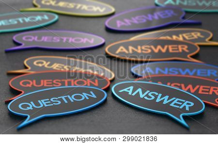 Speech Bubbles With The Words Question And Answer. Concept Of Discussion Forum Or Customer Support. 