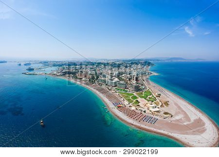 Aerial Birds Eye View Drone Photo Of Elli Beach On Rhodes City Island, Dodecanese, Greece. Panorama 