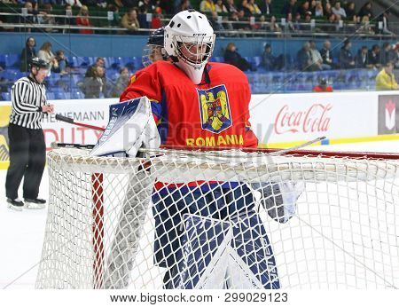Kyiv, Ukraine - April 20, 2018: Goalkeeper Arnold Demeter Of Romania In Action During The Iihf 2018 