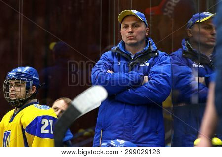 Kyiv, Ukraine - April 20, 2018: Head Coach Oleg Ignatyev Of Ukraine Looks On During Iihf 2018 Ice Ho