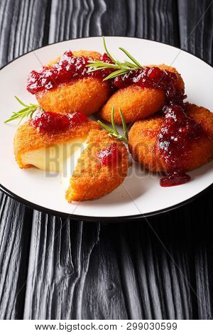 Hot Camembert Cheese In Breading Served With Cranberry Sauce And Rosemary Closeup On A Plate. Vertic