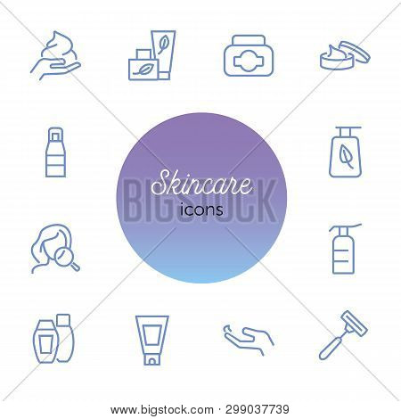 Skincare Icon. Set Of Line Icons On White Background. Hand Cream, Body Lotion, Shaving Razor. Beauty