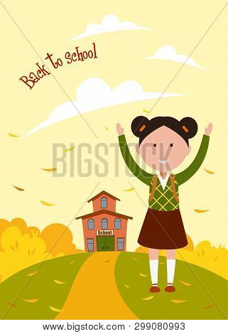 Girl Schoolgirl On The Background Of School And Autumn Foliage, Back To School
