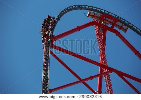 Vila-seca, Tarragona, Spain - April 9, 2019: Red Force It Is 880-metre Route, Accelerating From 180 
