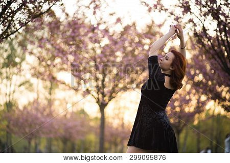 Happy Young Travel Dancer Woman Enjoying Free Time In A Sakura Cherry Blossom Park - Caucasian White