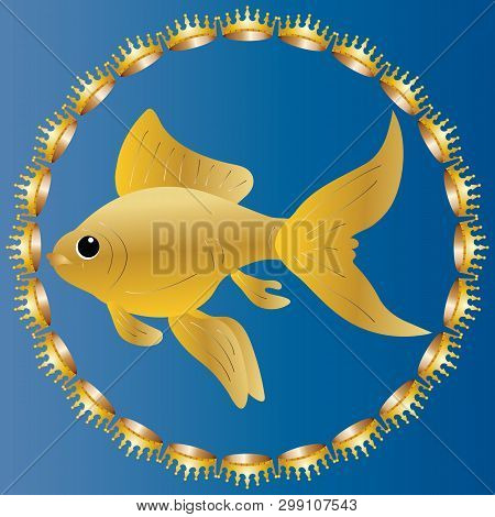 Charming Goldfish Surrounded By Precious Crowns. Realistic Image On A Blue Background The Color Of S