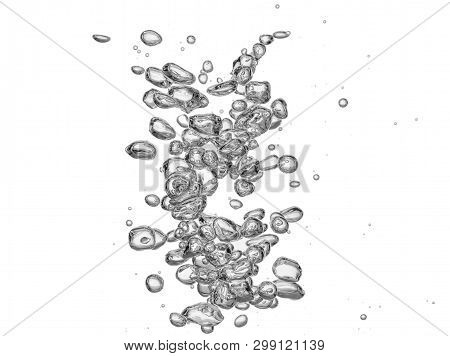 Group Of Unterwater Bubbles Rising In Clear Fresh Water Isolated On White Background