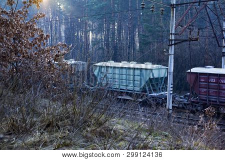 Kiev.ukraine 03.16.2019  Driving Along The Forestrailway Freight Train With Wagons