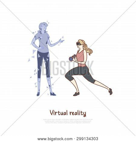 Young Woman In Vr Headset Doing Exercise, Coach Hologram, Girl Holding Dumbbells, Futuristic Fitness