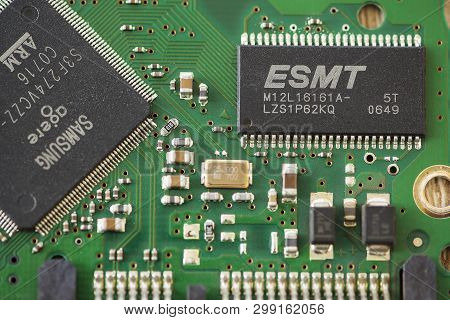 Timisoara, Romania - March 30, 2019: Close-up Of A Esmt Sdram Microprocessor