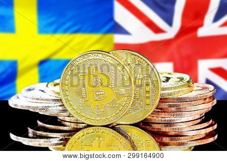 Bitcoins On The Background Of The Flag Sweden And United Kingdom. Concept For Investors In Cryptocur