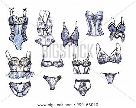Lingerie Seamless Pattern.underwear Design Background. Outline Hand Drawn Illustration. Bras And Pan