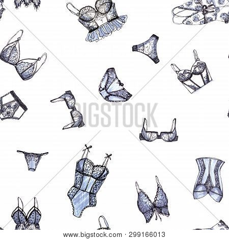 Lingerie Seamless Pattern.underwear Design Background. Outline Hand Drawn Illustration. Bras And Pan