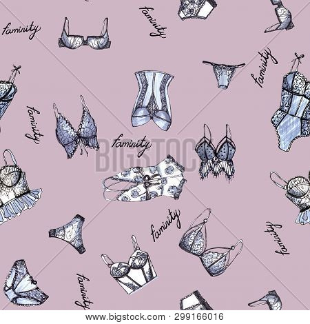 Lingerie Seamless Pattern.underwear Design Background. Outline Hand Drawn Illustration. Bras And Pan