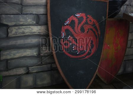 Saint Petersburg, Russia - April 27, 2019: Game Of Thrones, Shield With The House Of Targaryen