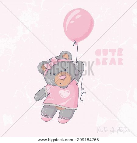 Cute Bear Flying With A Balloon. Happy Birthday. Templete Vector Illustration.