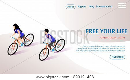 Free Your Life Horizontal Banner With Copy Space. Couple Of Young Man And Woman Riding Bicycles Toge