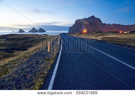 Road On The Westman Islands In Iceland At Night