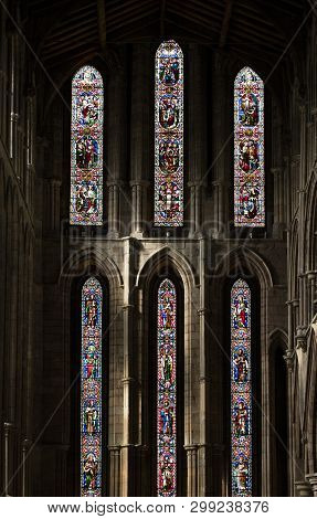 Hexham, Northumberland, United Kingdom, 9th May 2016, Stained Glass Window At Hexham Abbey