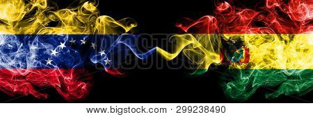 Venezuela Vs Bolivia, Bolivian Smoky Mystic Flags Placed Side By Side. Thick Colored Silky Smoke Fla