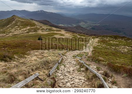 Empty Trail In The Mountains Of Central Europe. A Path Leading High In The Mountains.