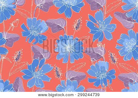 Art Floral Vector Seamless Pattern. Blue Succory (chicory) With Purple Leaves On Living Coral Color 