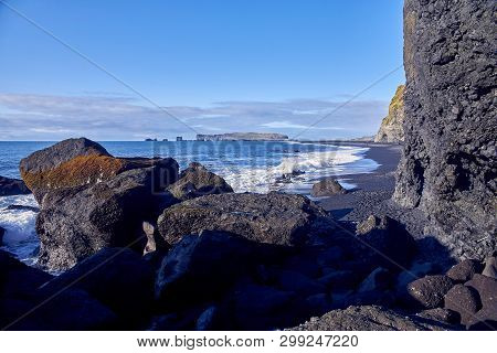 View Of The Shore With Black Sand In Iceland