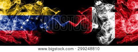 Venezuela Vs Peru, Peruan Smoky Mystic Flags Placed Side By Side. Thick Colored Silky Smoke Flags Of